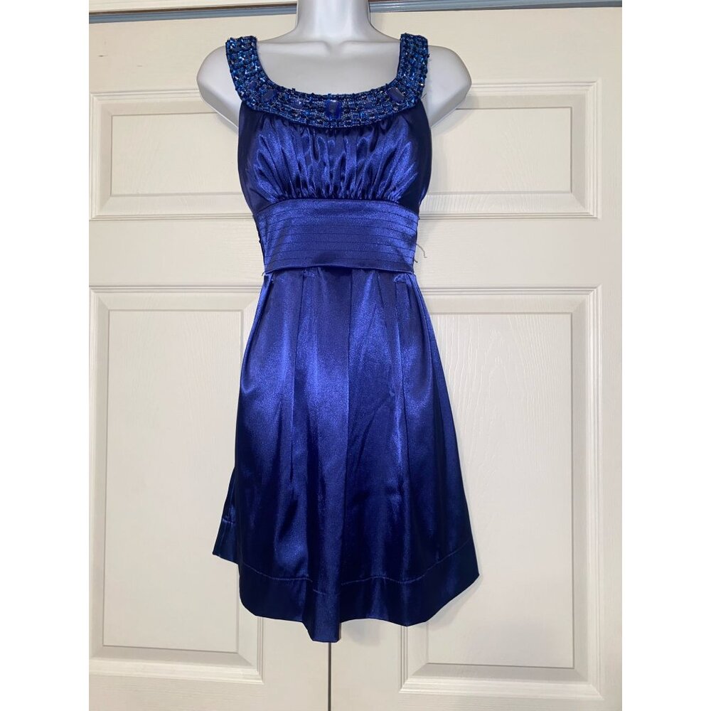 Beaded Satin Blue Cocktail Dress With Bow & Pleated Skirt